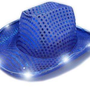 BLUE SEQUIN Light Up LED‎ Flashing Cowboy Hat with SEQUINs WHITE LEDS, Cowgirl